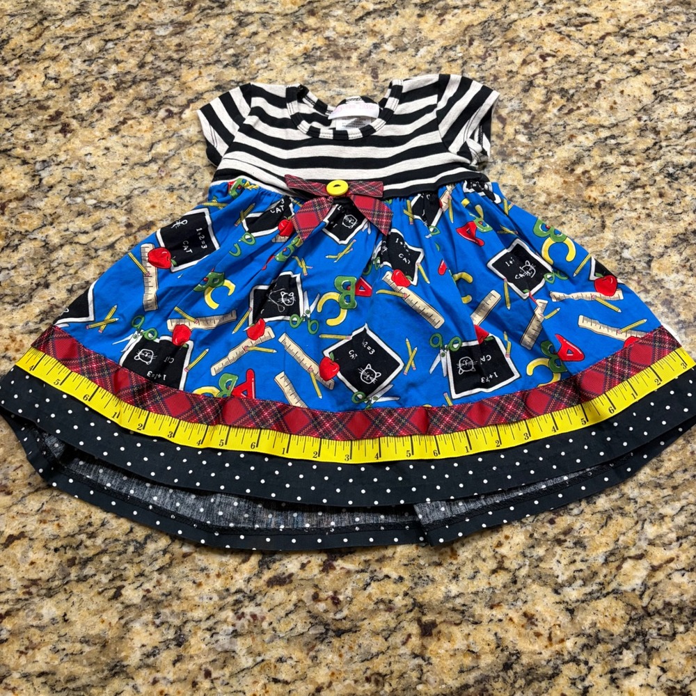 Bonnie Baby Back to School Dress 18M Blue Chalkboard Stripe Polka Dot
